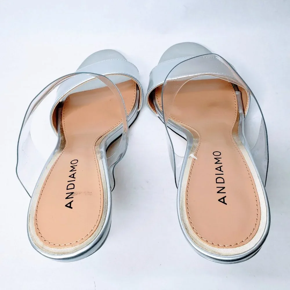 Andiamo Double Trouble Metallic Silver Clear Strap Heels Slip On Stiletto 8.5